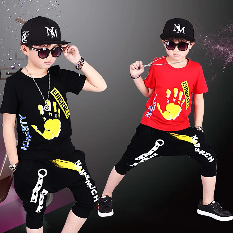 

Cotton Children's Wear Boys Summer Hip-hop Suit 2018 New Style Suit Children's Fashion Short Sleeve Sport Two Piece 4-12 Year