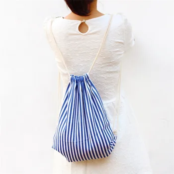 

YILE Brand New Cotton Canvas Draw String Girl Student Backpack Travelling Bag Blue White Stripe B074