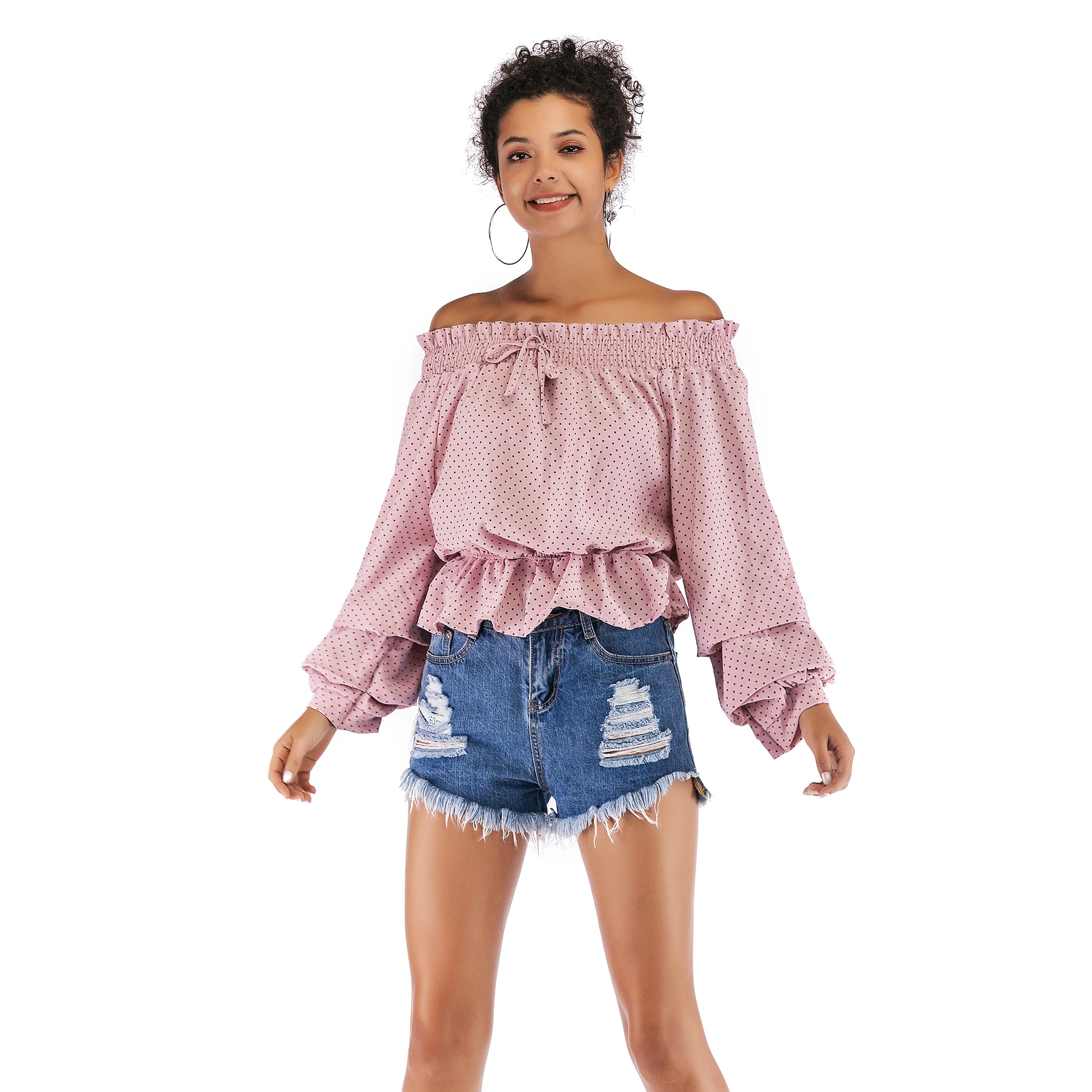 VZFF Women's Summer Elegant Lace Slim Bow Tie Collar Off Shoulder Tie Chiffon Shirt Polka Dot Puff Sleeve Spring Tops Women