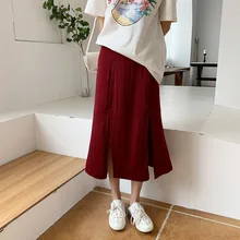 Высокая Талия Разделение средней юбки Для женщин красная юбка