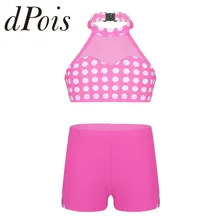 Детский тренировочный наряд для занятий танцами для девочек, без рукавов, с бретельками, в горошек, сетчатый топ с шортами, комплект гимнастических купальников