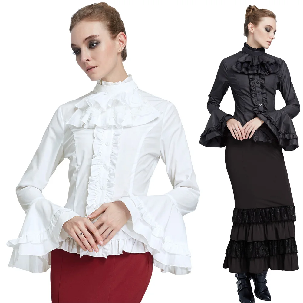 Винтажная женская рубашка Ренессанса с длинным рукавом-колокольчиком, с однотонными пуговицами, с рюшами, высокая-Низкая Ретро рубашка, элегантные вечерние топы