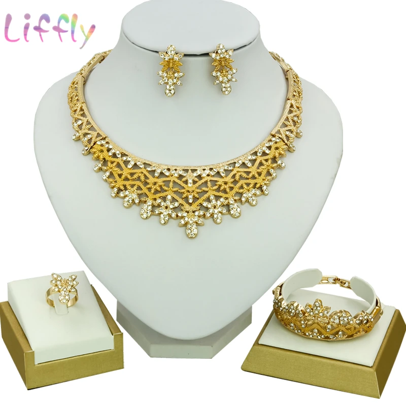 

2019 Flower Crystal Jewelry Sets For Women New Goldtone Silk Crystal Necklace Earrings Ring Bracelet Indian Wedding Jewelry Set