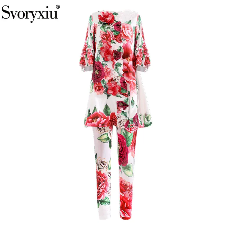 

Svoryxiu Women's Autumn Runway Two Piece Set Half Sleeve Appliques Loose Long Tops + Leggings Peony Flower Printed Pants Set