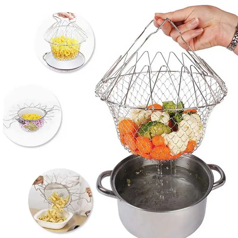 

Stainless Steel Frying Basket Foldable Fry Basket Steam Rinse Strain Magic Basket Mesh Basket Strainer Net Cooking Tool