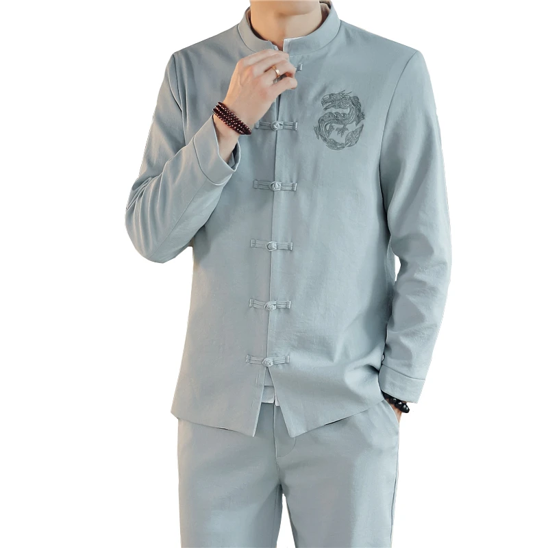 Китайский стиль вышивка Мужской комплект из двух частей Размер s M L XL XXL XXXL XXXXL однобортный длинный рукав мужская куртка и брюки