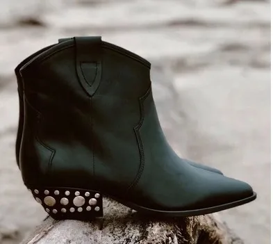 

Dipsloot Women Round Toe Slip-on Ankle Boots Ladies Cow Leather Square Low Rivets Decorated Heels Short Boots Girls Casual Shoes