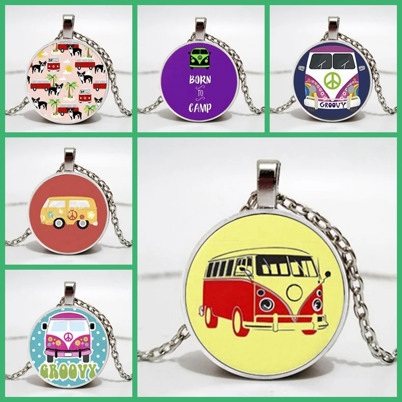 Fashion Retro Hippie Peace Sign Fan Bus Camper Necklace Charm Men and Women Decorative Glass Pendant Gift Toy Souvenir |