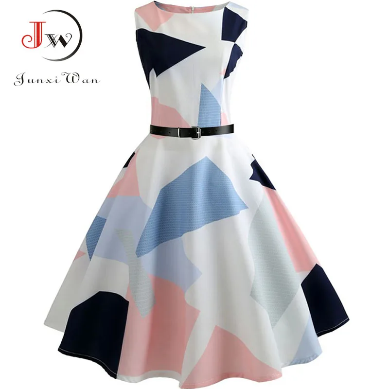 

Floral Print Summer Dress Women Sleeveless Tunic Elegant Vintage Dress Belt Party Dresses Casual Sundress vestido Plus Size