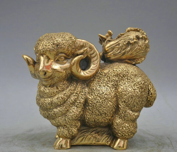 

free 7"Bronze Animal Lovely Sheep Chinese Cabbage Sculpture Statue fast