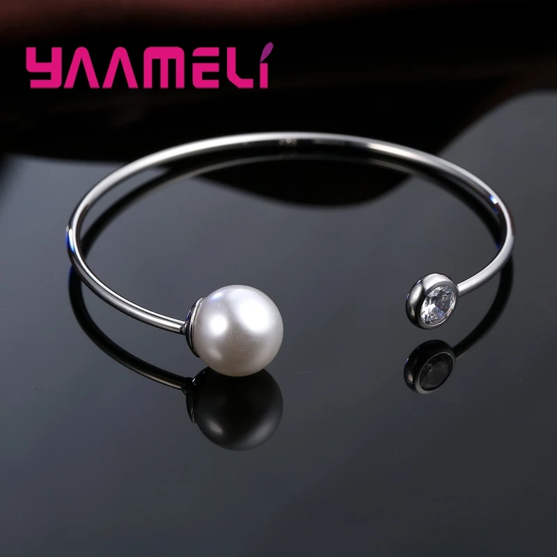 Vintage 925 Sterling Silver Charming Cuff Resizable Bracelet Bangles Women AAA Zircon Pearl Jewelry Fashion Accessory