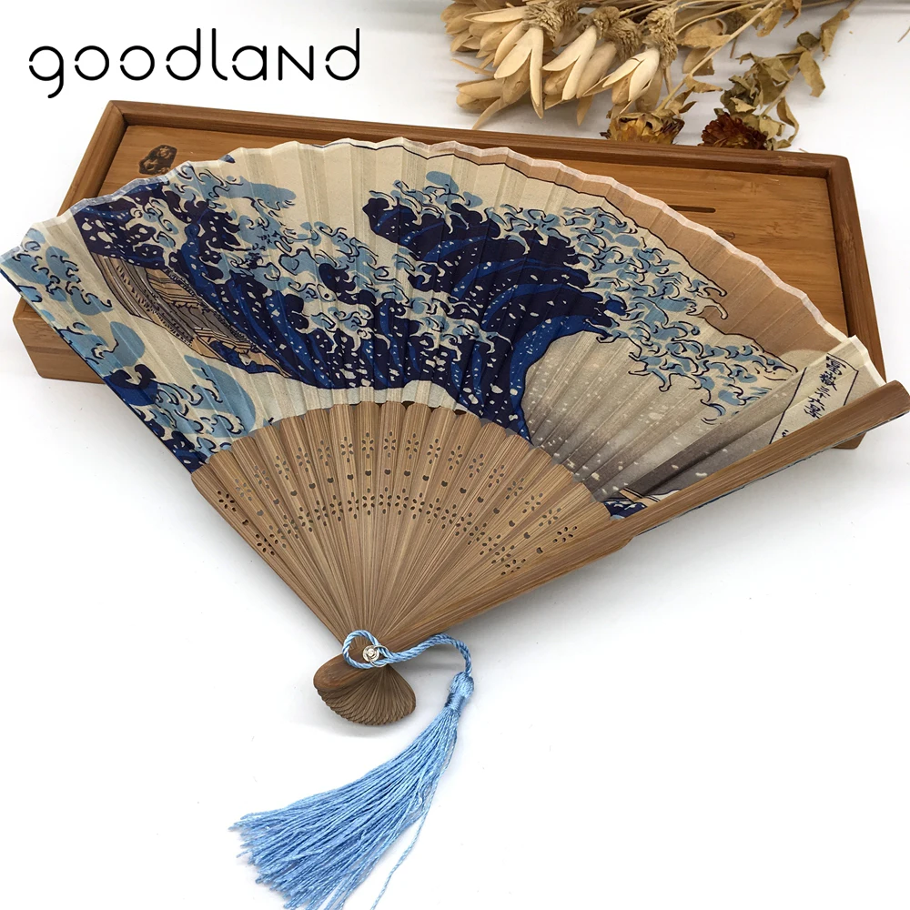 1pcs Japanese Real Silk Fan Mount Fuji Kanagawa Waves Bamboo Elegant Pocket Folding Fan Portable Women Fans Craft