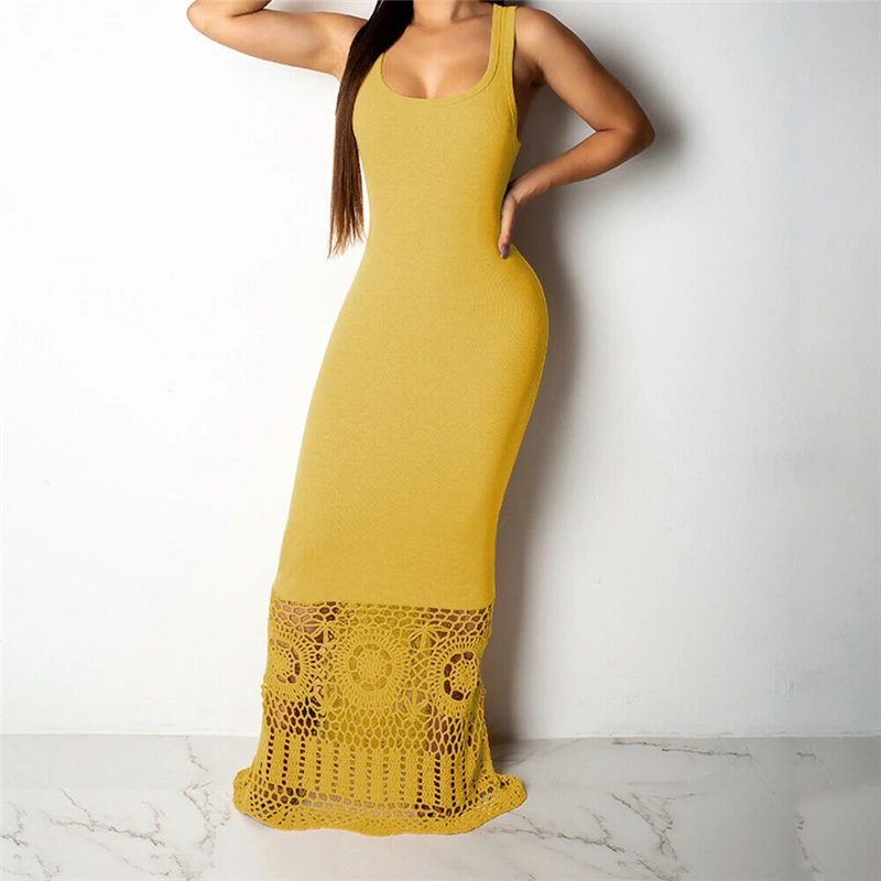 

Women Dress Summer Sleeveless Pure Color Sundress Patchwork Hollow Out Lace Long Dresses Ladies Maxi Dresses Casual Woman Dress