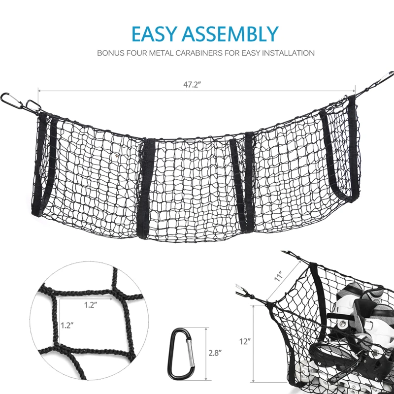 MICTUNING, три кармана, органайзер для багажника, сетка для хранения тяжелых грузов, сетка для автомобиля, внедорожника, пикапа, кровать, черная сетка, четыре металлических карабина