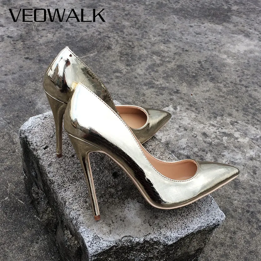 Vente Veowalk Marque Printemps Femmes Sexy Extrême Haute Talons Stilettos Chaussures À Talons Hauts De Luxe Dames Bout Pointu De Mariage De Mariée Pompes Or