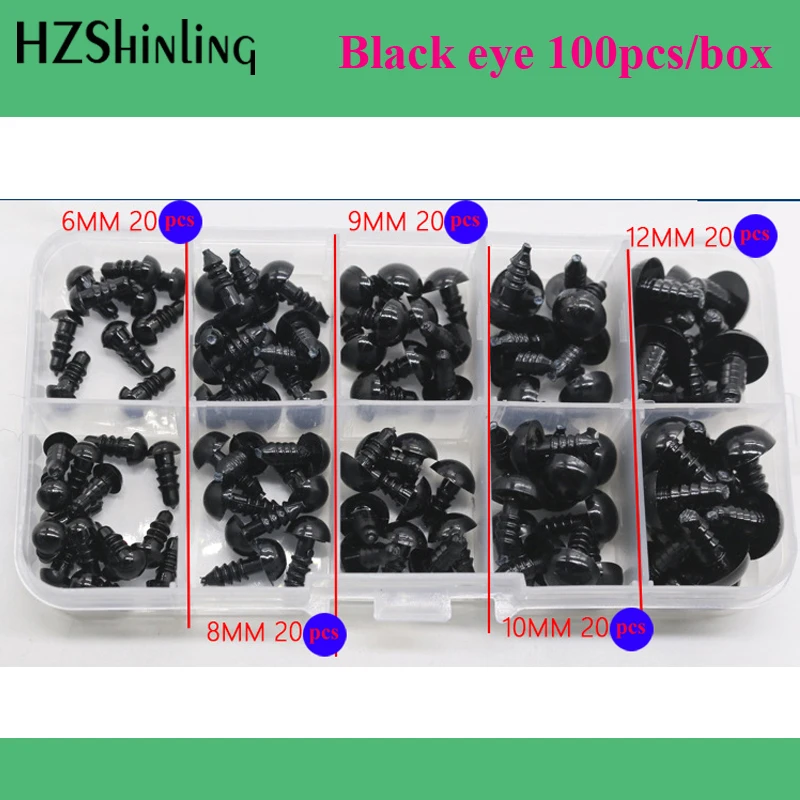 

6mm,8mm,9mm,10mm,12mm Toy Accessories Box Plastic Eye Art Eye Black Bean Eyes All Black Screw Eyes Plush Doll DIY Toy Material