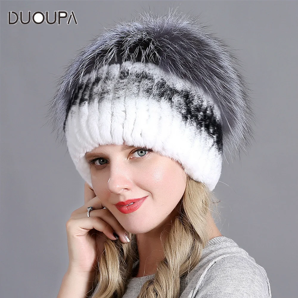 2018 New Woven Rex Rabbit Hair Hat Korean Edition Warm and Thicker Rabbit Hair Woven Silver Fox Hair Hat