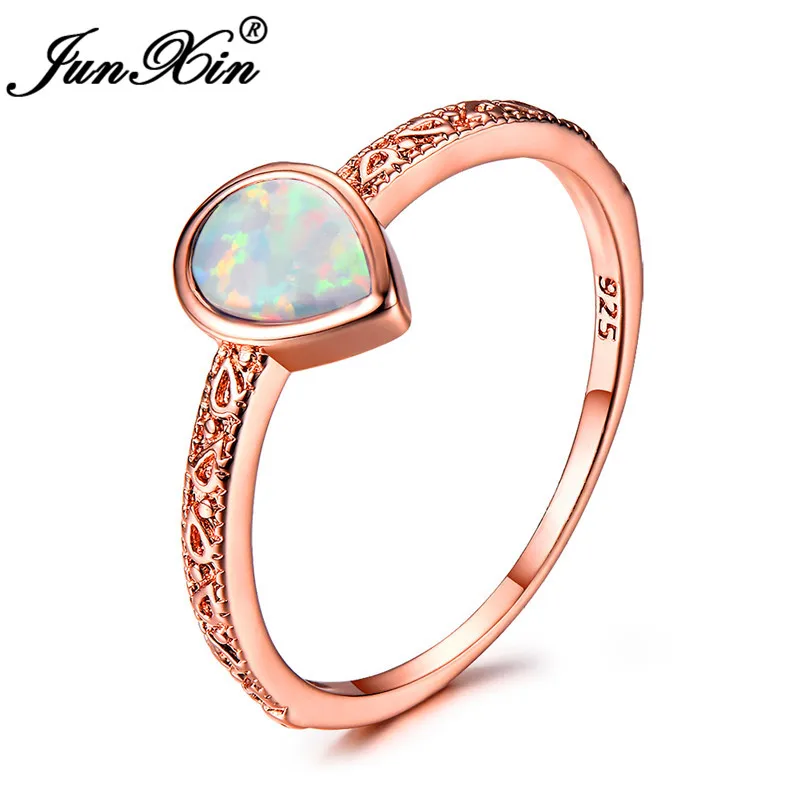

JUNXIN Vintage Water Drop Stone Purple/Blue/White Fire Opal Rings For Women Men Rose Gold Filled Rainbow Birthstone Ring Jewelry
