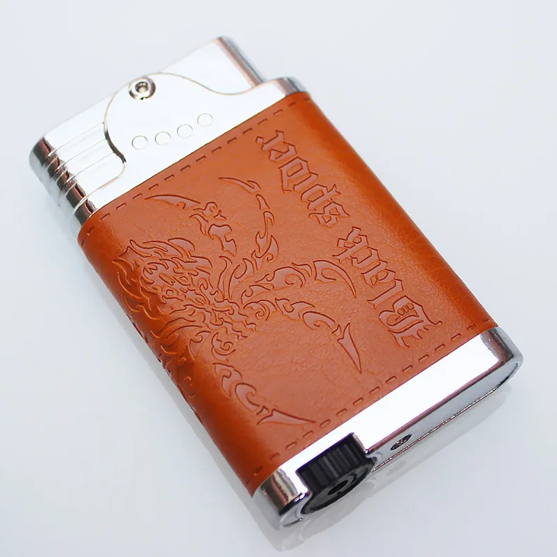 

2019 New Dual Straight Fire Leather Jet Lighter Torch Turbo Lighter Windproof Cigar Pipe Lighter 1300 C Butane No Gas