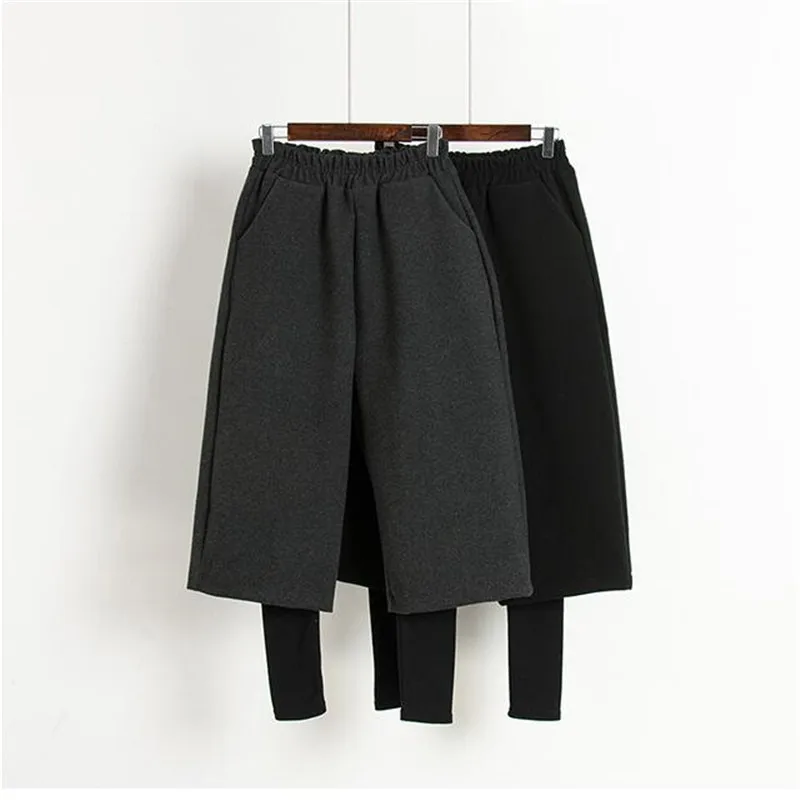 

Autumn Winter Women Wool Wide Leg Pants Capris Female Harem Pants fake two pieces Loose Casual Women Radish Pants