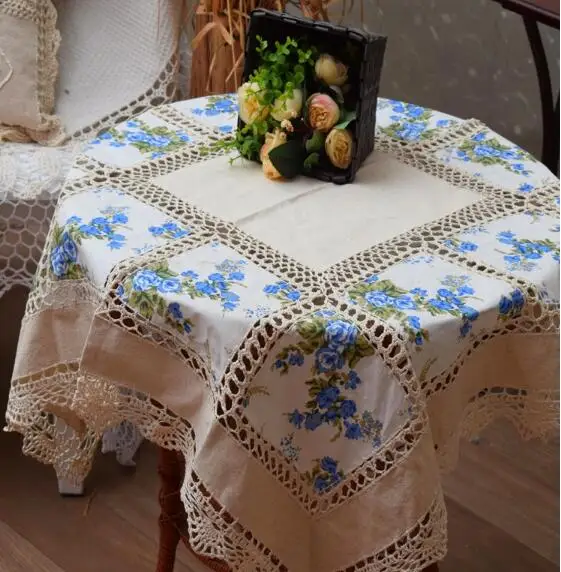 

Linen Cotton Table Cloth Vintage Square Flower Chic Crocheted TableClothes Retro Floral Mat Dining Table Cover Home Decor