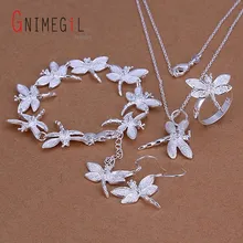 GNIMEGIL, хит 925, штампованный серебряный цвет, стрекоза, ожерелье+ браслеты+ кольца+ серьги, ювелирные наборы, Женские Ювелирные изделия для свадьбы, вечерние