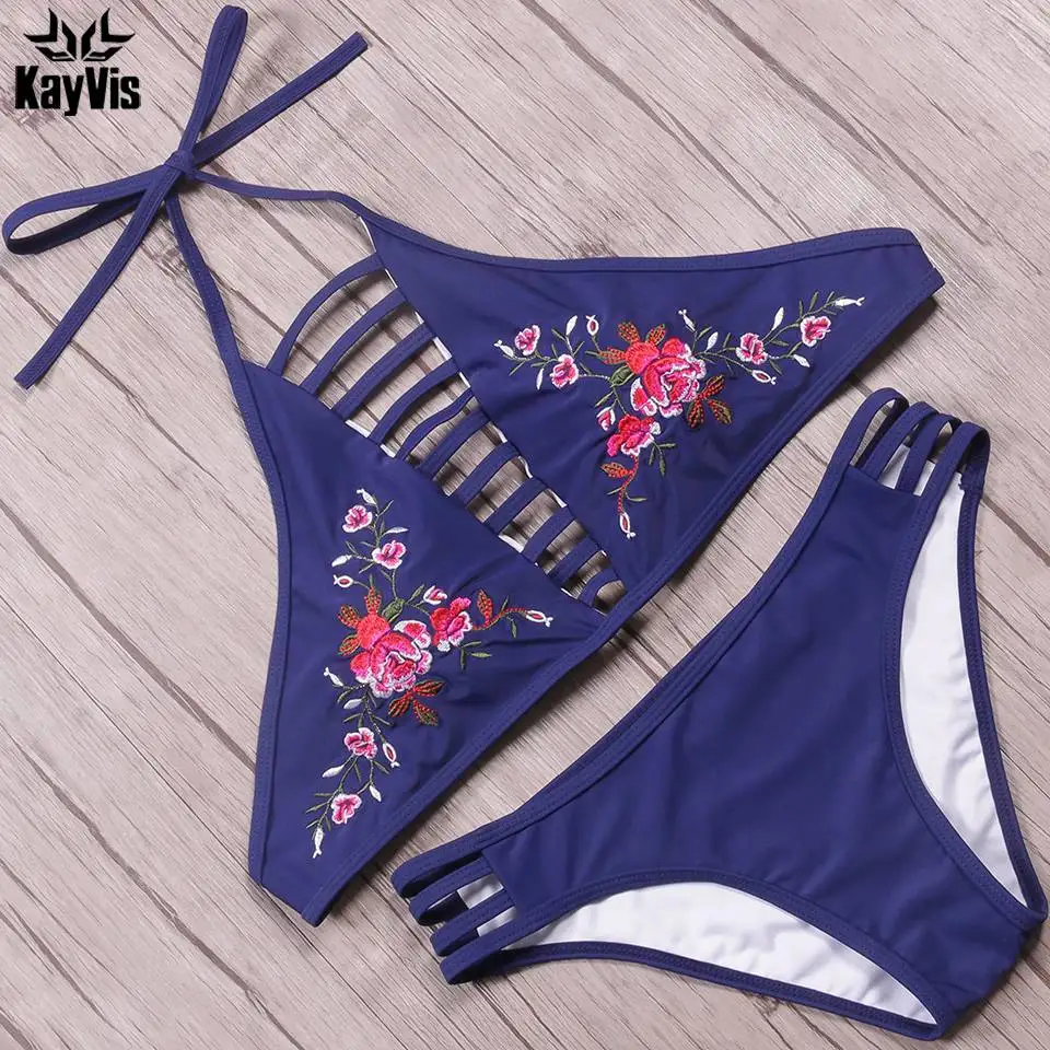 

KayVis 2019 Sexy High Neck Bikini Women Swimsuit Swimwear Cut Out Retro Push Up Bikini Set Printed Summer Beach Bathing Suit