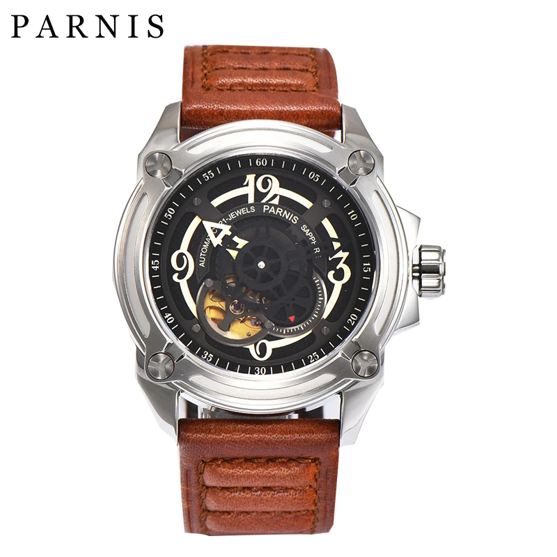

Hot Selling 44mm Parnis Watch Skeleton Men's Automatic Watch Mechanical Wristwatch Black Dial Sapphire Crystal relogio masculino