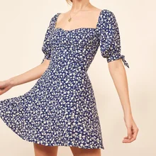 Женское повседневное Мини Летнее платье с цветочным принтом и бантом, тонкое платье Vestidos