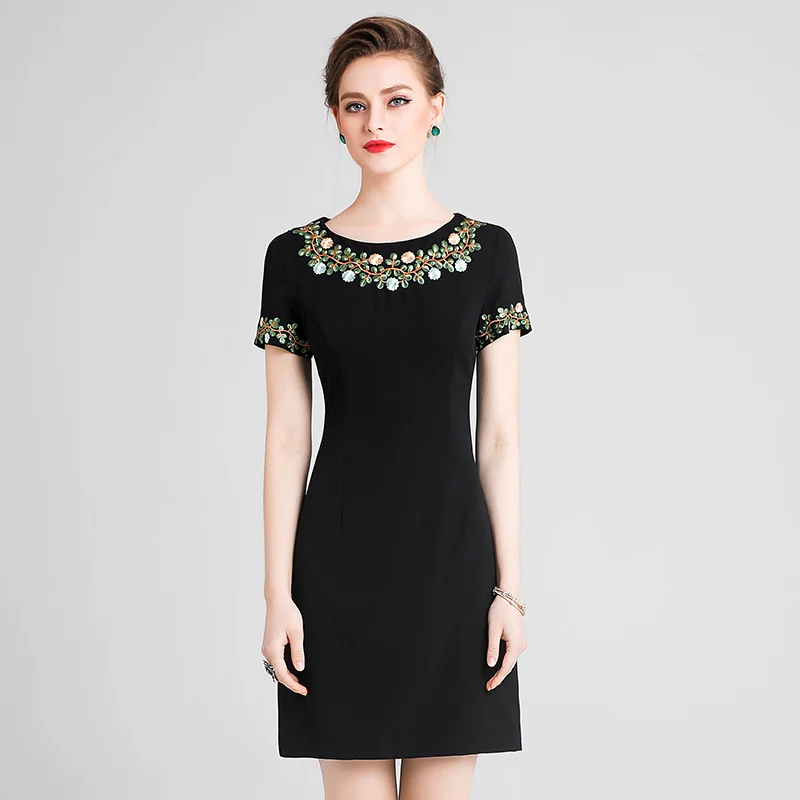 2022 Women Office Lady Dress Free Shipping Dresses Embroidery Elegant Fashion Short Sleeve O_neck Slim  Female Tops