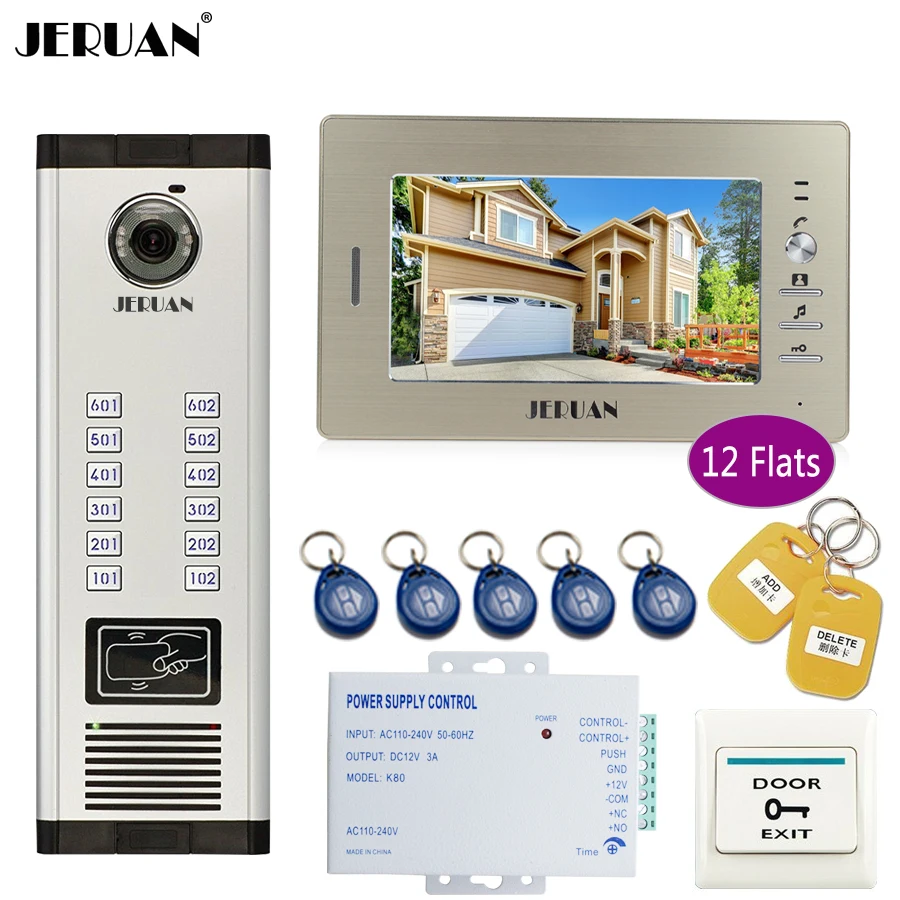

JERUAN 7 inch LCD Monitor 700TVL Camera Apartment video door phone 12 kit+Access Control Home Security Kit+free shipping