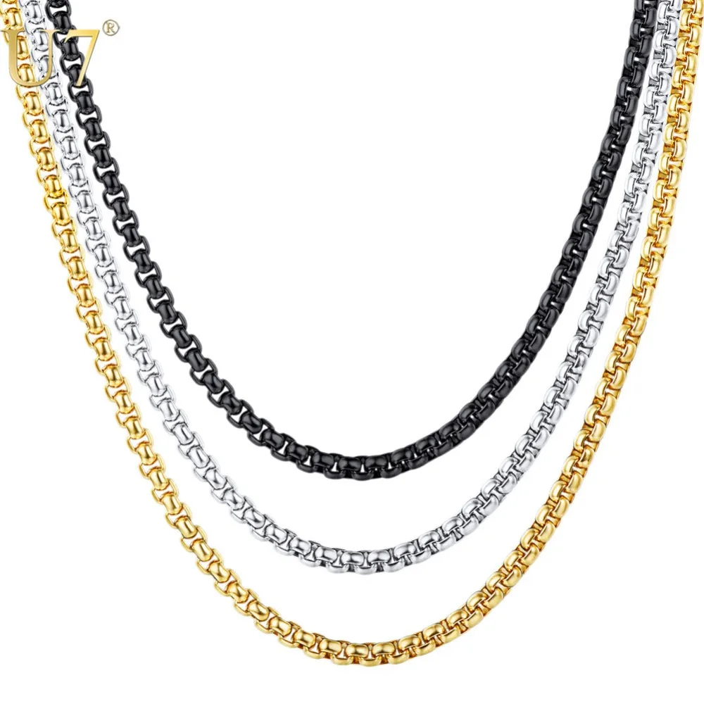 

U7 3mm Box Link Chain Necklace For Women / Men Rock Hip Hop Fashion Stainless Steel Jewelry Gold Silver Black Wholesale N1119