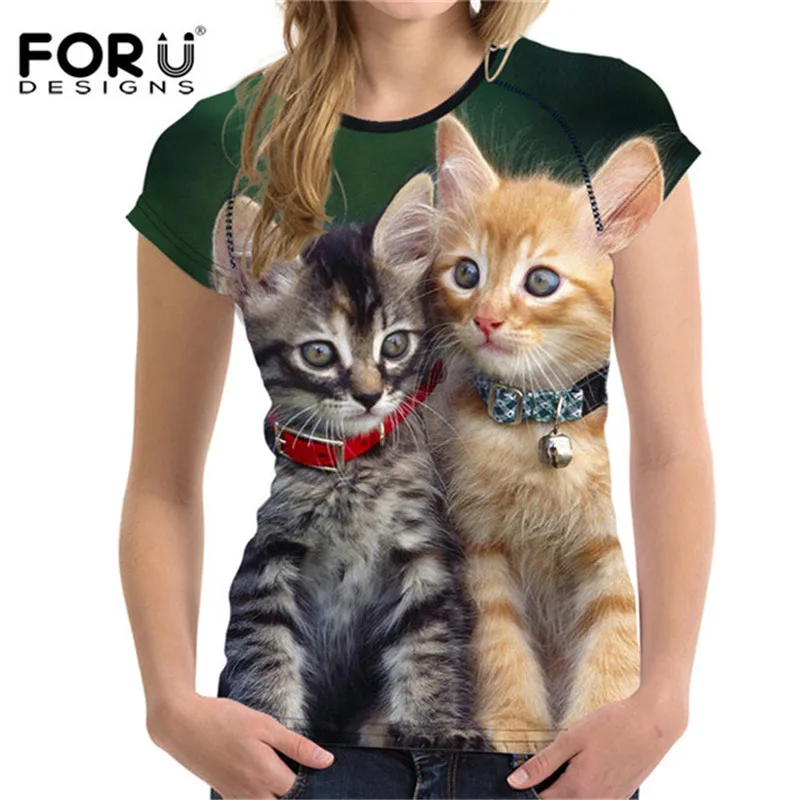 FORUDESIGNS/Kawaii футболка с милыми кошачьими мордочками, дышащая футболка, женские летние футболки, повседневные топы, футболки с коротким рукавом - Цвет: W2931BV