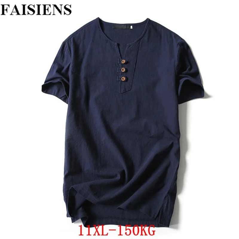 

FAISIENS Summer Men Linen big sales T-shirt Plus Size 9XL 10XL 11XL V-neck 7XL 8XL Chinese Style Short Sleeve Loose Blue T Shirt