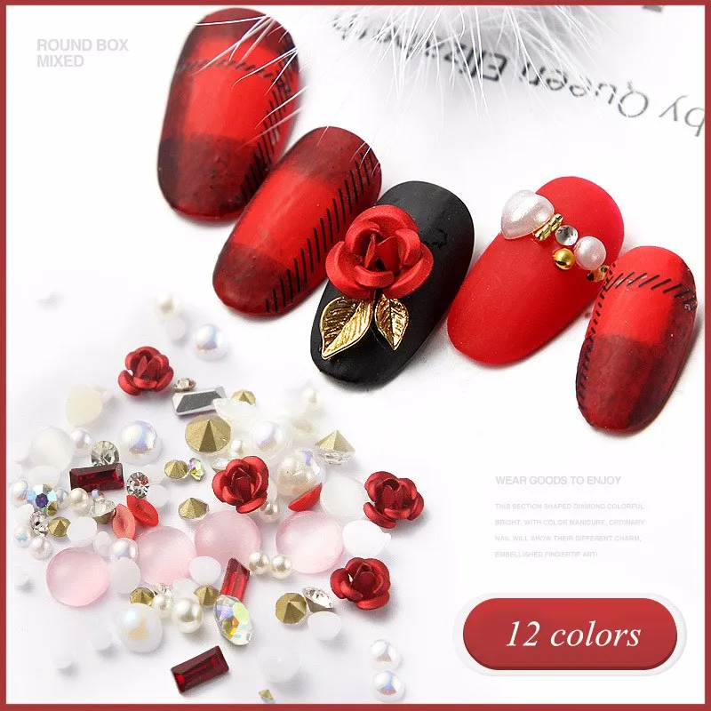 

Multi-size Rose and Pearl Shape Nail Rhinestones Decorations Crystals Mixed Box