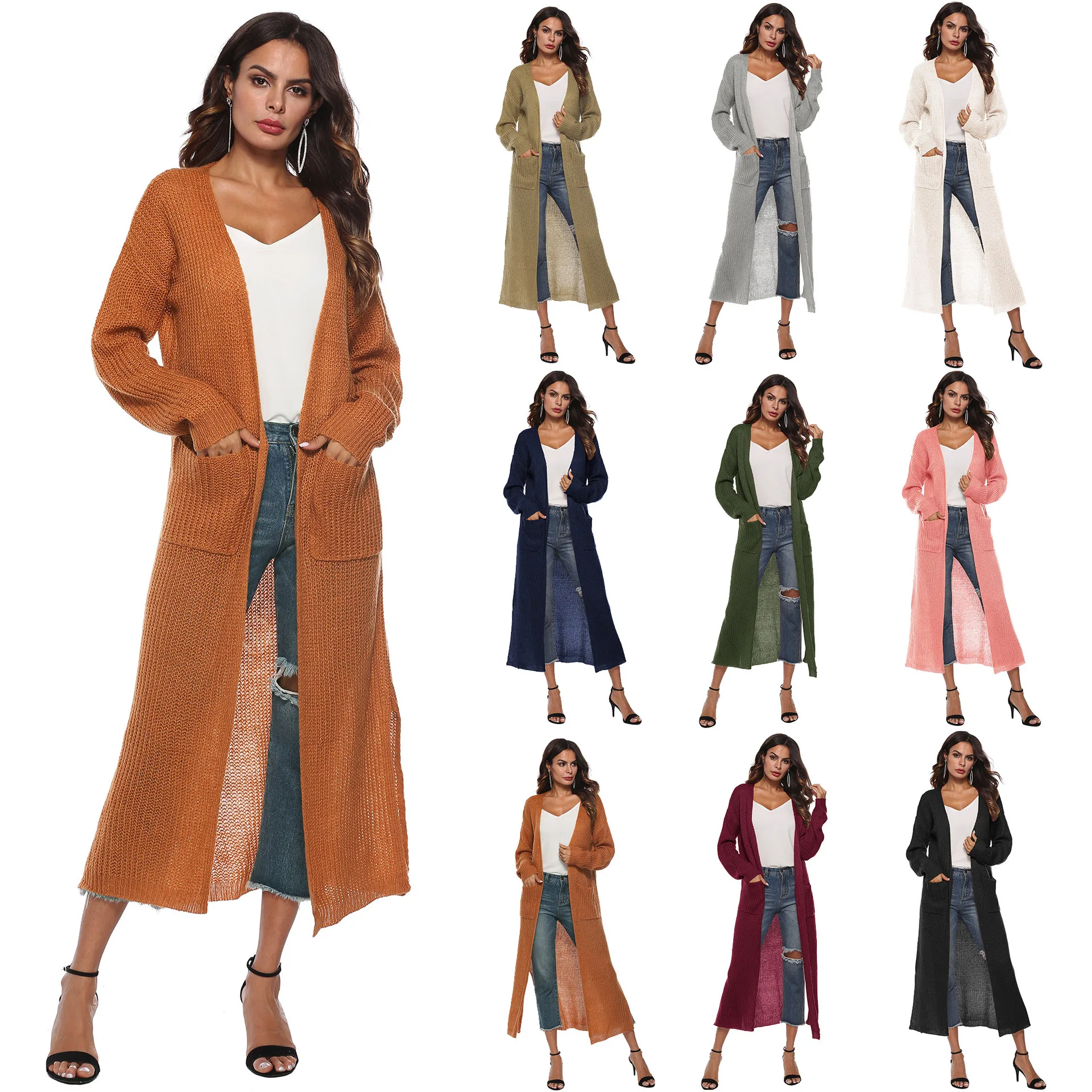 

Solid Thick Long Cardigan with Pocket Split Sweater 2020 Winter Female Fashion Sweaters Loose Plus Size Knitted Casual Sweater