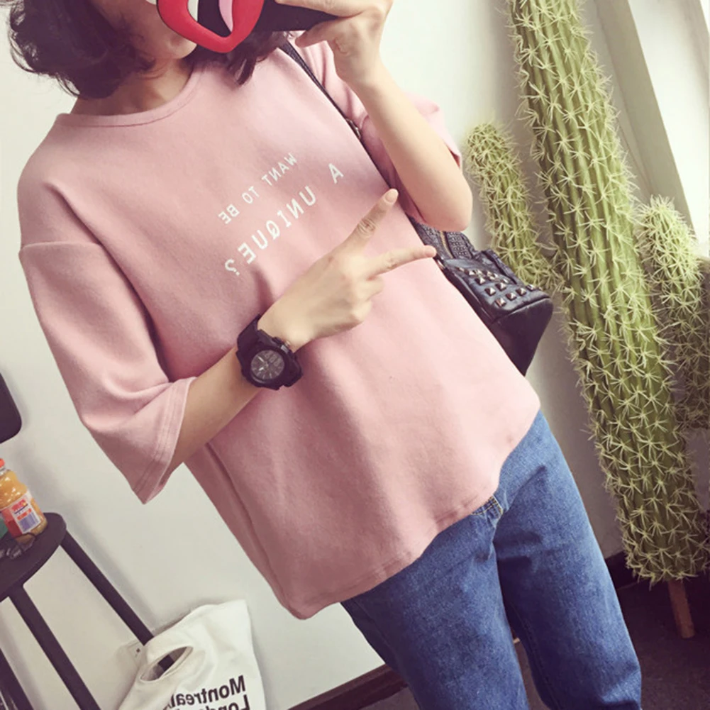 

Want To Be a Unique Letter Print Women Loose Casual Short Sleeve Tee T-shirt