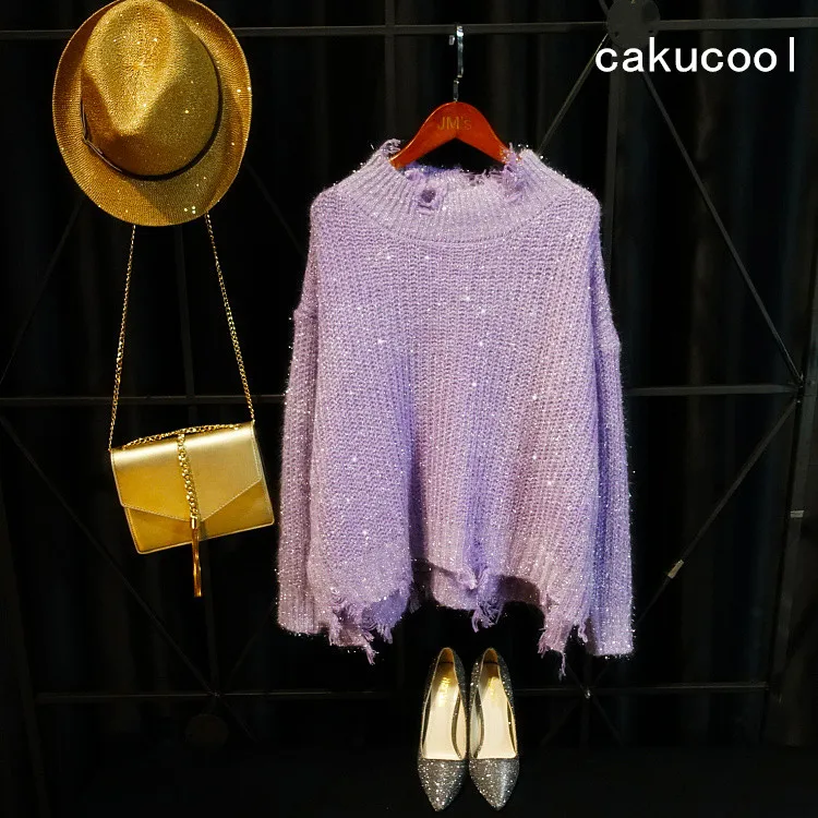 

Cakucool Hot gold lurex Knit Top Women Long Sleeve O-neck Hole Ripped Tassels Loose Sweater Jumper Knit Pull Lady Pink Off white