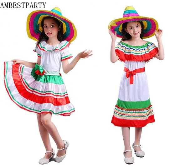 

Hot 2017 Halloween Cosplay Costumes Mexico style clothes Mexico Cloak+Straw hat performance Kids Fancy Party Dress AMBESTPARTY