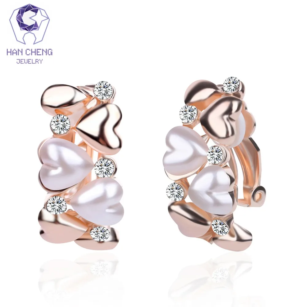 

HanCheng New Fashion Metal Rhinestone Pearl Heart Vintage Clip Earrings For Women Jewelry Antique Golden Plated bijoux brincos