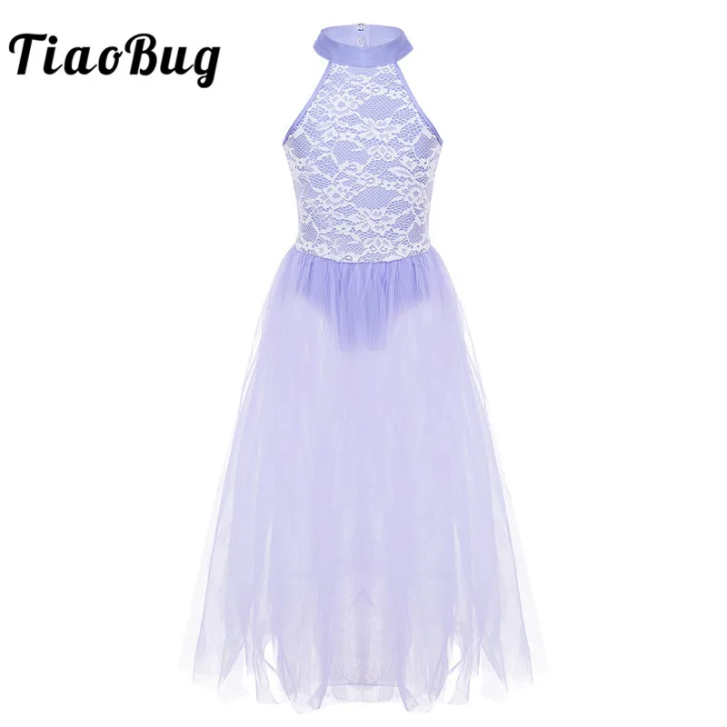 

TiaoBug Kids Girls Sleeveless Lace Mesh Long Tutu Ballet Leotard Dress Children Performance Competition Lyrical Dance Costumes