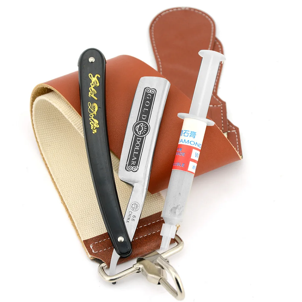 Gold Dollar 66 Straight Shaving Razor Cut Throat + Leather Canvas Sharpening Strop Belt + 10000