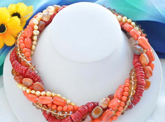 

FREE SHIPPING>>@> A2471 6row red/pink coral agate yellow pearl citrine bead NECKLACE 4.28