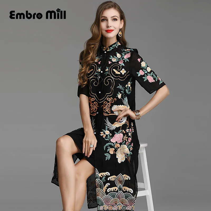 

High-end summer women Chinese style floral midi Qipao dress embroidery elegant slim lady A-line cheongsam party dress S-XXL