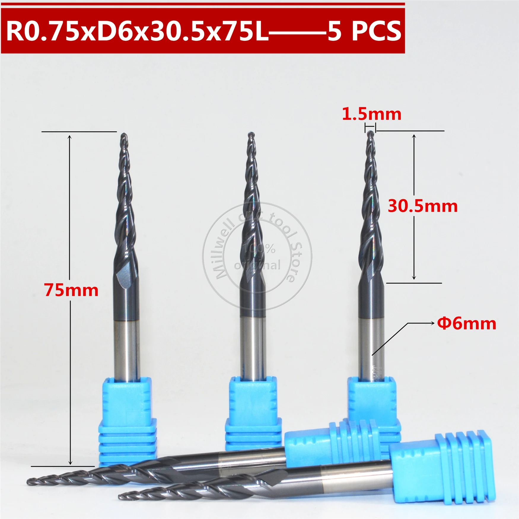 5pcs Carbide Tapered Ball Nose End Mill 30.5mm 2Flute For Carving CNC Cut Tools