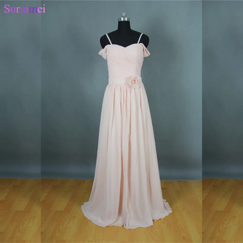 I Chiffon Bridesmaid Dresses With Spagehtti Strap Handmade Flower Ivory Brides Maid Dress Long Maid Of Honor Vestidos De Free Shipping