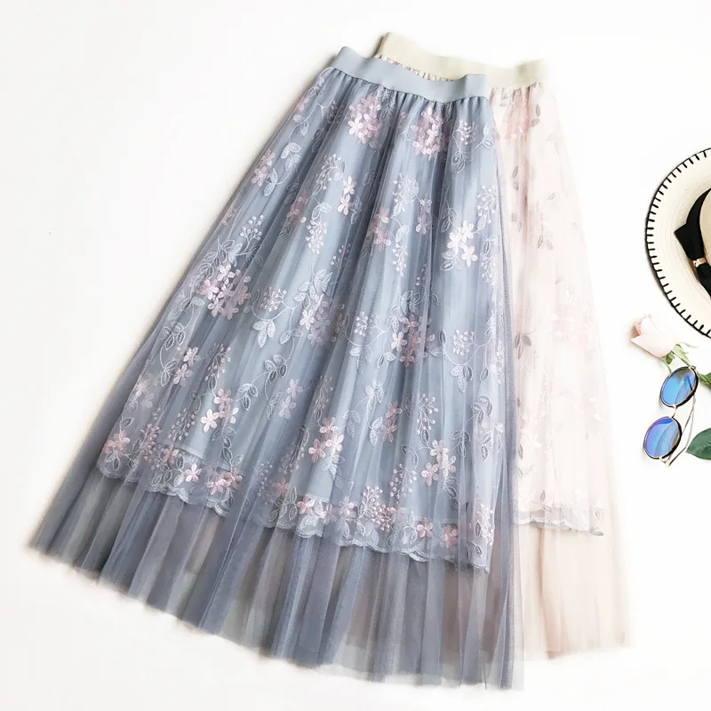Корейская мода, Цветочная вышивка, сетчатая юбка для женщин, тонкая повседневная юбка с высокой талией, Цветочная кружевная многослойная юбка до колена с оборками, T654