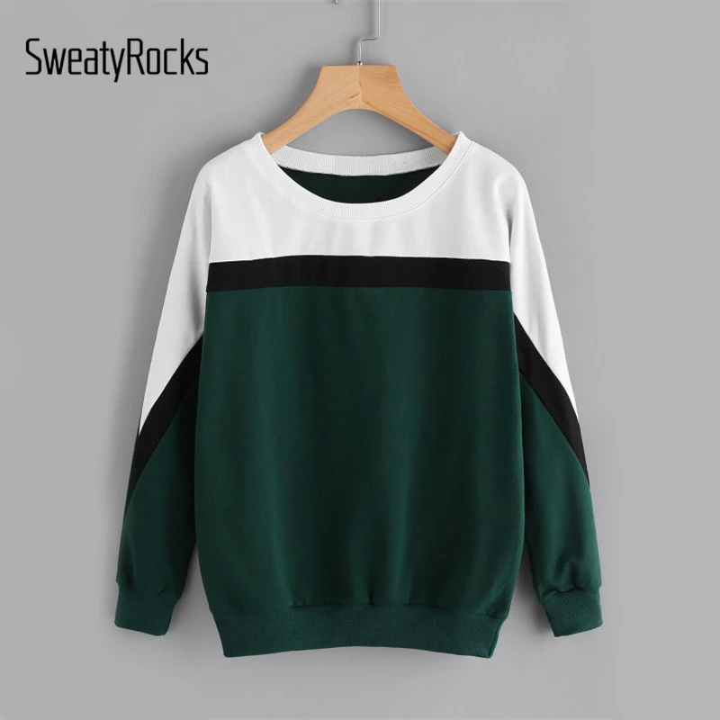 SweatyRocks Color Block Contrast Panel Sweatshirt Woman