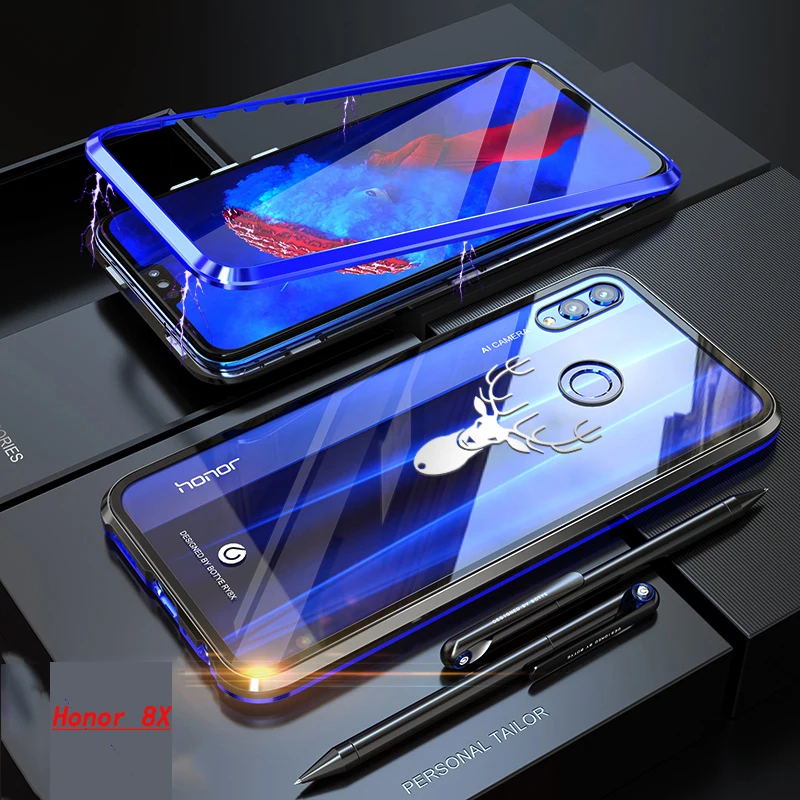 Магнитный металлический чехол для Honor 8X прозрачный из закаленного стекла и