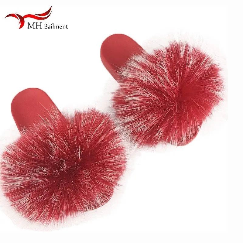 

2019 new red PVC soles fur shoes raccoon fur grass fox home non-slip wear indoor slippers travel beach shoes slide slippers